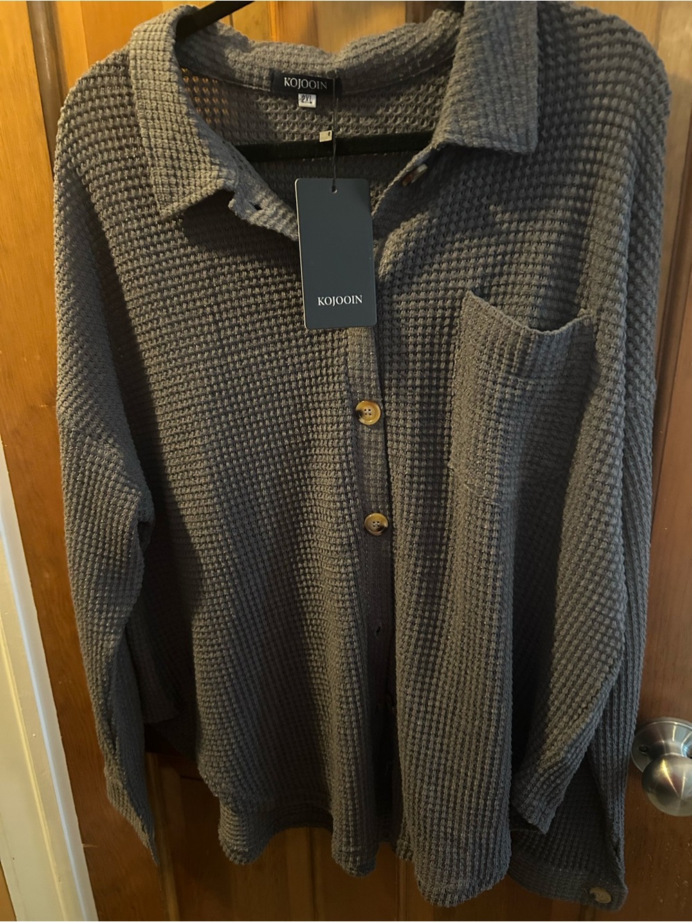 KOJOOIN Women's Olive Green Button-Down Waffle Knit Shirt